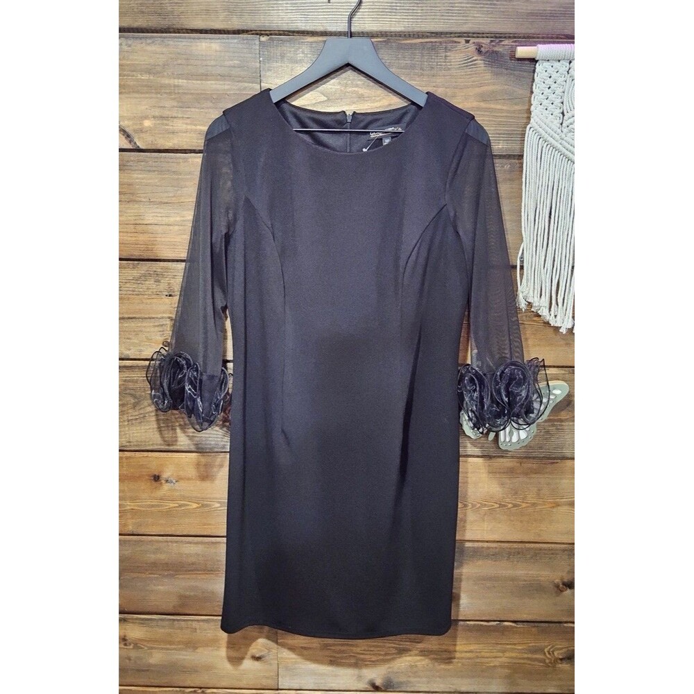 GLAMOUR NIGHTS Black Sheath Dress 14P Mesh Ruffle Organza Cuff Sleeve Vampy Goth